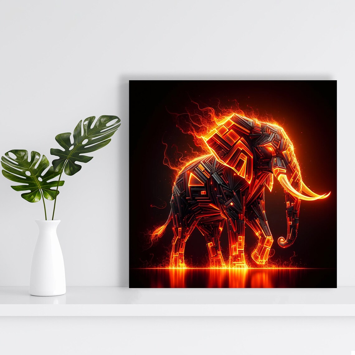 Fiery Geometric Elephant Poster Neon Fire Art Bold Red Black Wall Print - Image 2