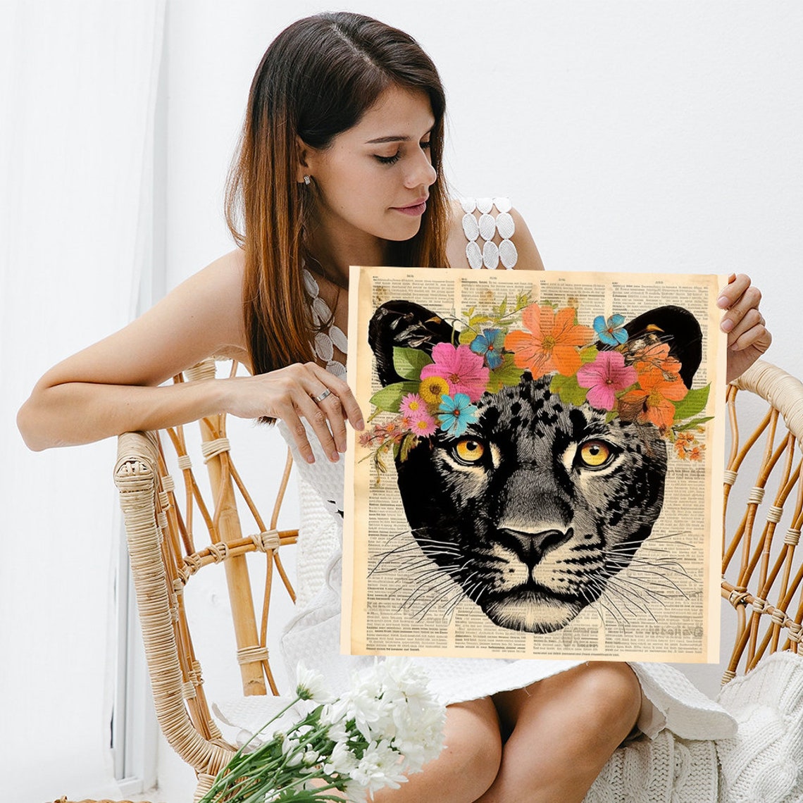 Floral Panther Fusion Art Or Poster Animal Contemporary Decor Living Room Bedroom Office Dining Room Art Black Orange Pink Blue - Image 3