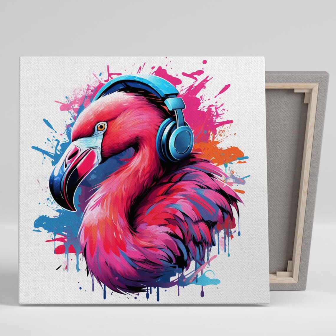 Pink Flamingo DJ Headphones Splash Colorful Pop Wall Art Poster