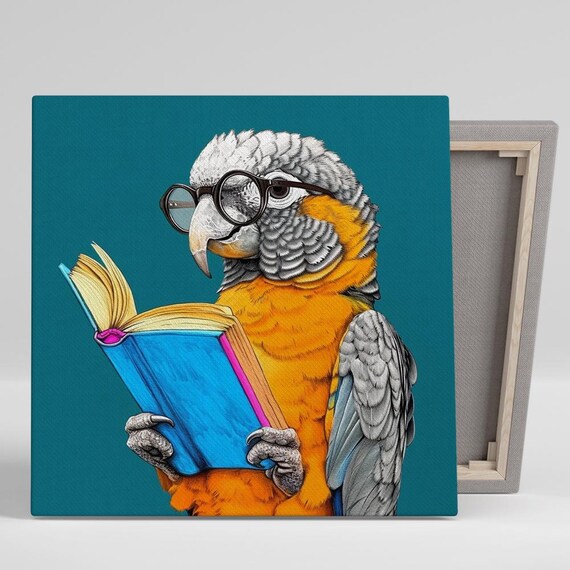 Parrot With Round Glasses Reading A Book On Teal Background Poster