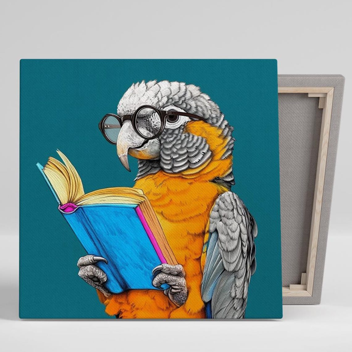Parrot With Round Glasses Reading A Book On Teal Background Poster