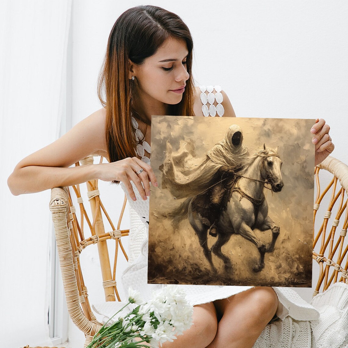 Hooded Rider On Galloping White Horse Sepia Vintage Western Poster - Image 3