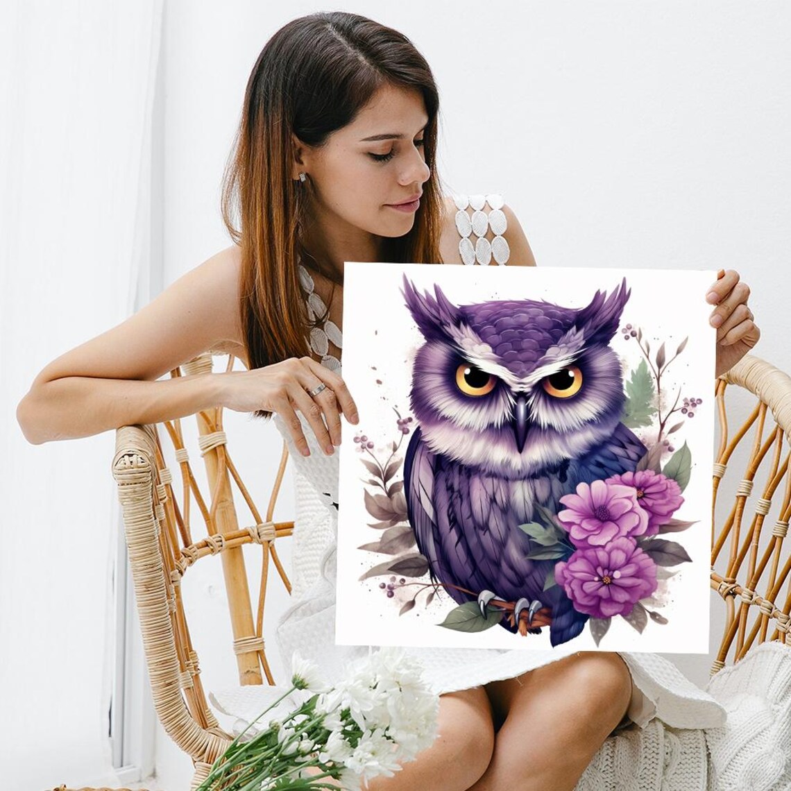 Purple Owl With Pink Blossoms Floral Botanical Elegant Wall Poster - Image 3