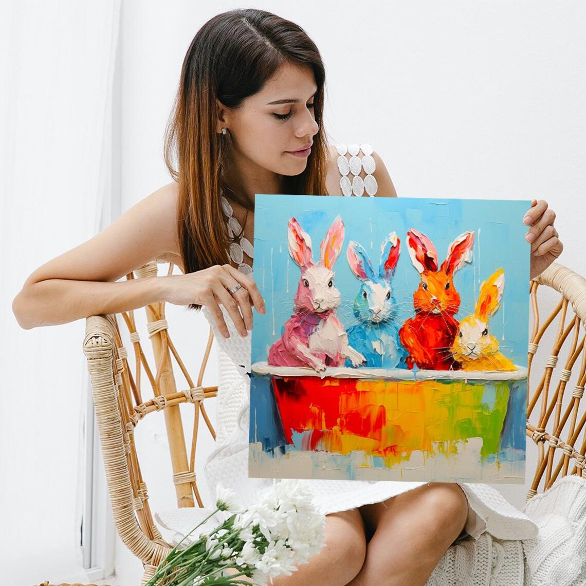 Colorful Bunny Brigade Rainbow Bathtub Oil Painting Cute Animal Poster - Image 3