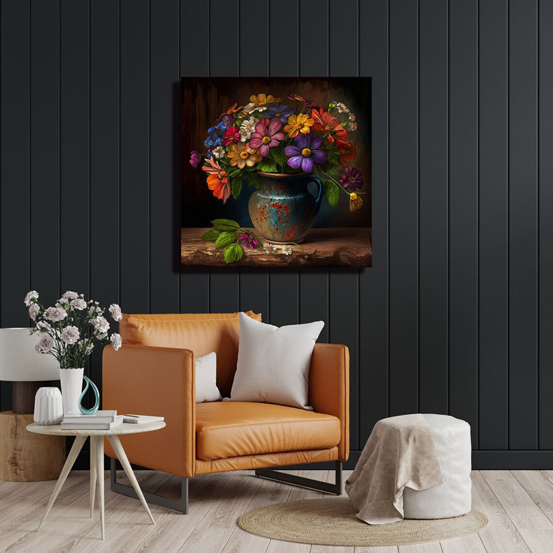 Vibrant Mixed Flower Bouquet In Blue Pitcher Classic Still Life Poster - Image 4