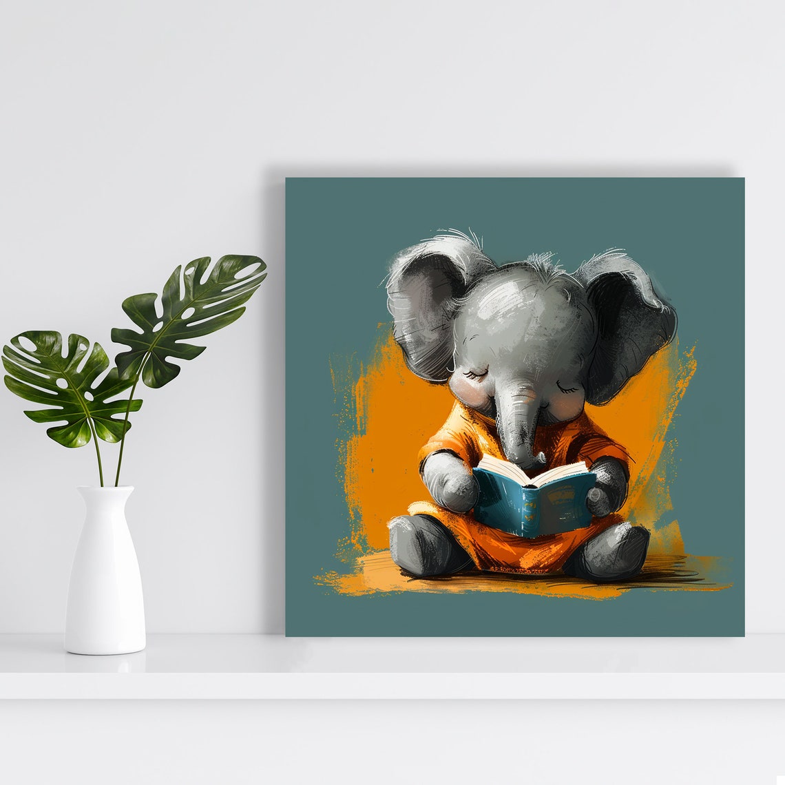 Baby Elephant Reading Blue Book Cozy Kids Nursery Wall Poster - Image 2