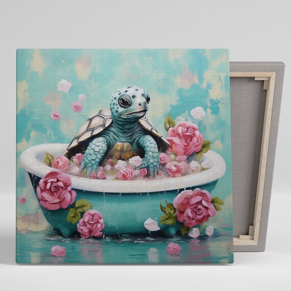 Turtle Bath Art Or Poster Whimsical Nature Decor Children Room Bathroom Living Room Wall Art Blue Pink Green White Turtle Decor