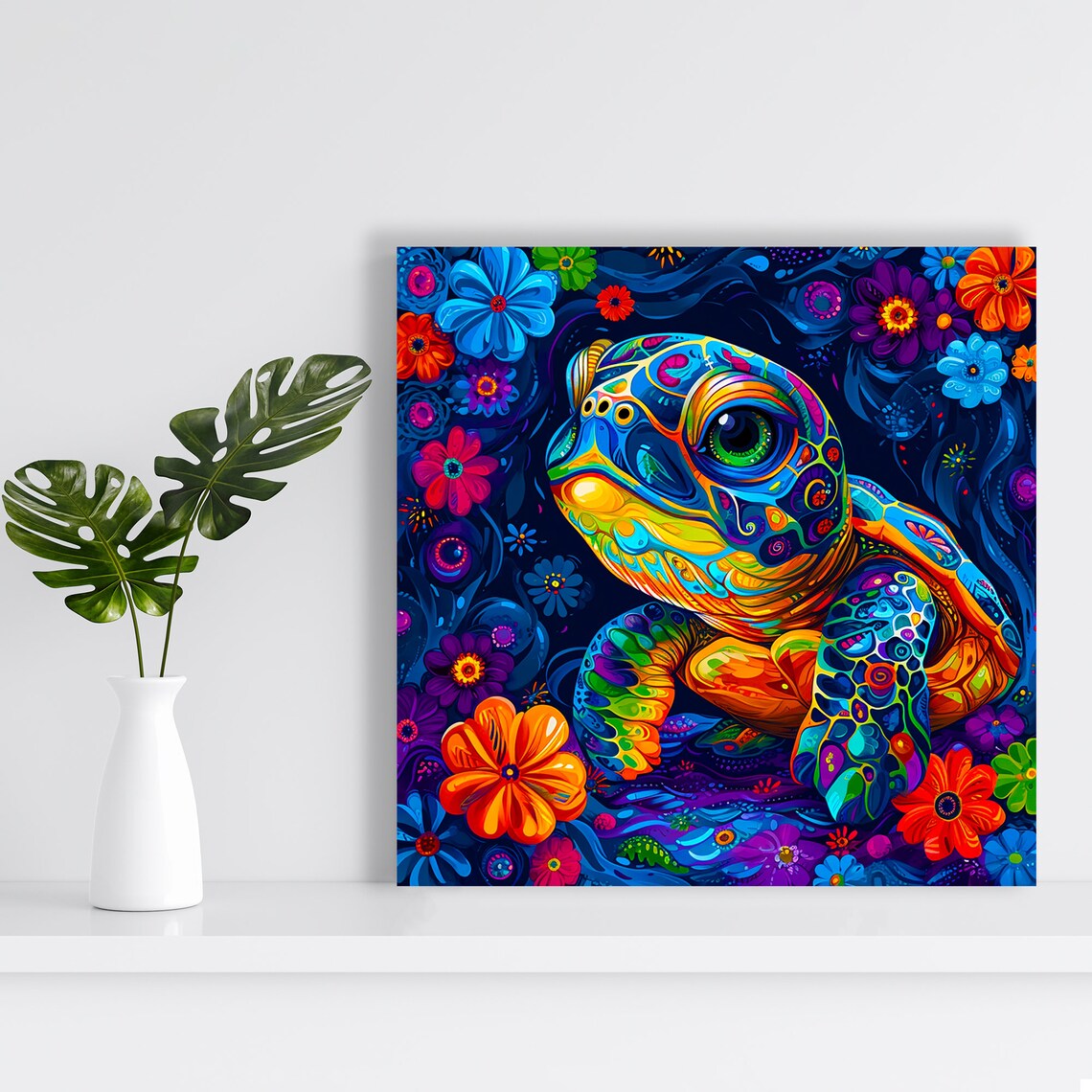 Psychedelic Sea Turtle Blooming Flowers Neon Bright Colorful Wall Art - Image 2