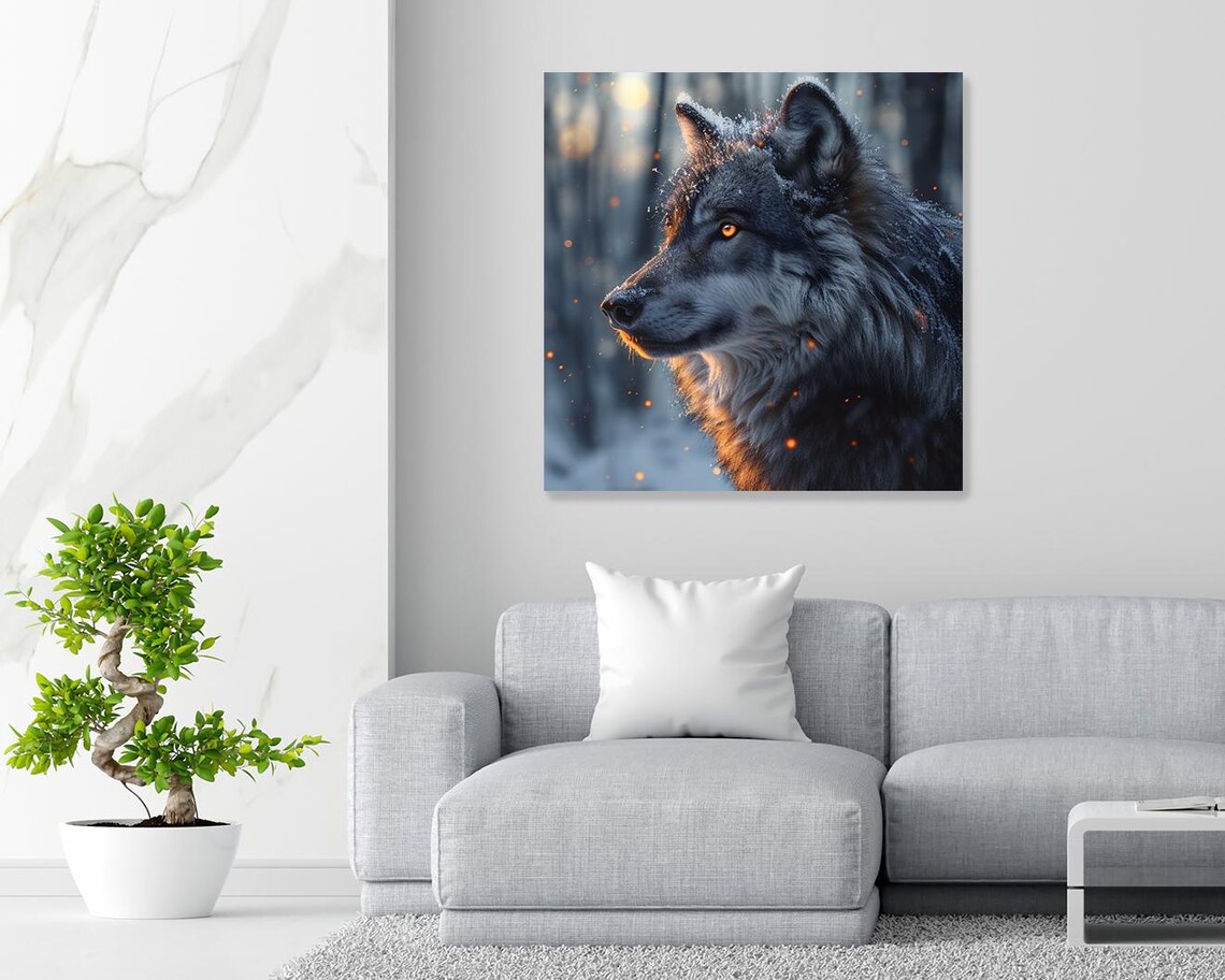 Black Wolf Snowy Forest Ember Glow Dramatic Wildlife Portrait Art Poster - Image 2