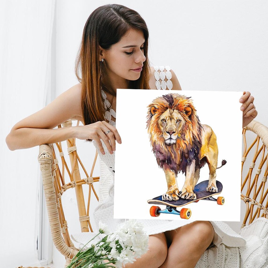 Lion Riding Skateboard Watercolor Whimsical Animal Fun Kids Room Wall Art Poster - Image 3