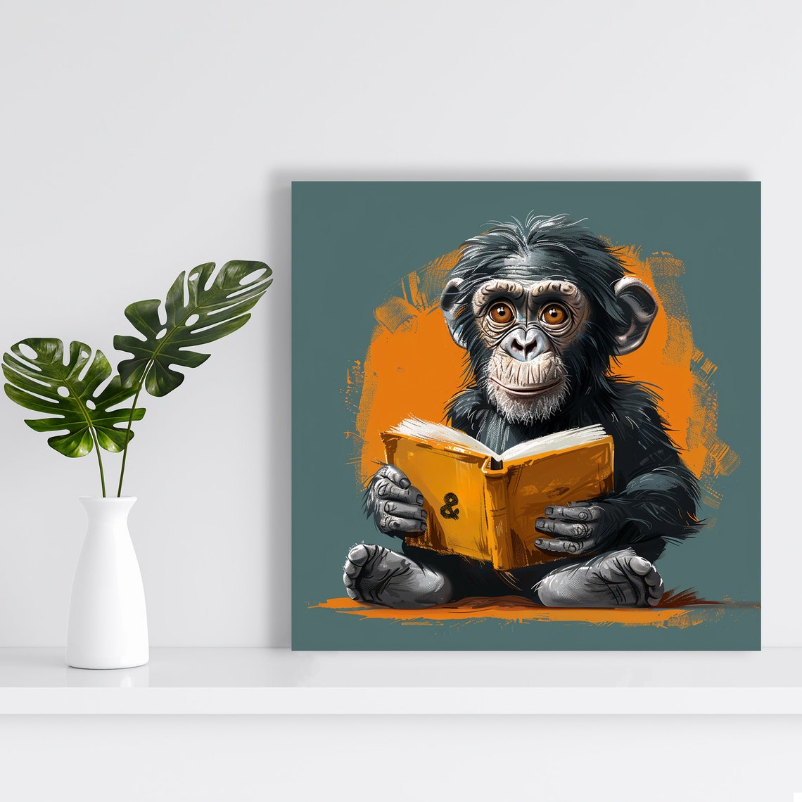 Chimpanzee Reading Book Poster Cute Baby Monkey Library Animal Decor - Image 2