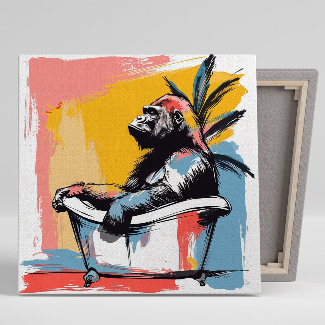 Gorilla Bathtub Pop Art Splash Poster Bold Yellow Pink Blue Decor