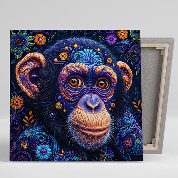 Chimpanzee Art Or Poster Surrealism Whimsical Bohemian Decor Living Room Bedroom Game Room Wall Art Multicolor Blue Purple Orange