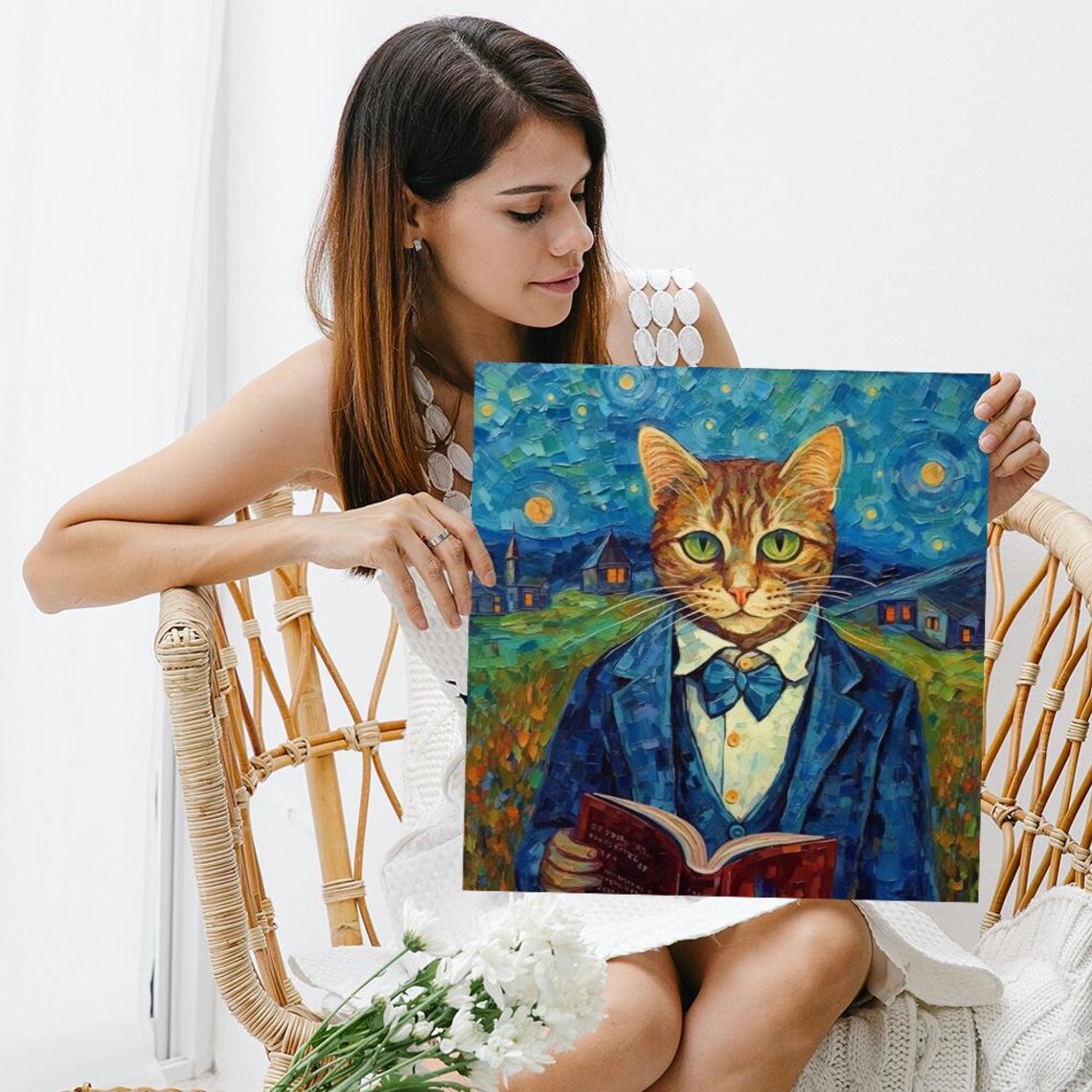 Scholar Cat Starry Night Impressionist Blue Green Literary Art Poster - Image 3