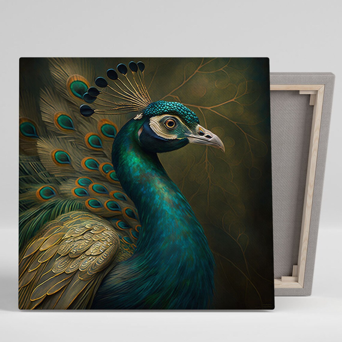 Elegant Peacock Profile Dark Golden Tones Realistic Bird Art Poster