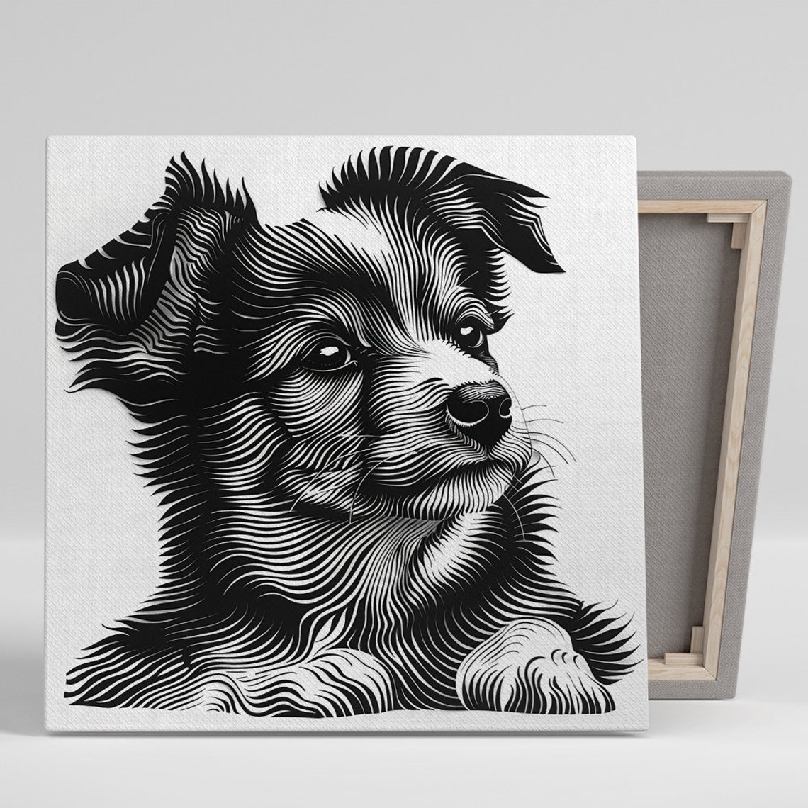 Striped Puppy Line Art Black White Engraved Detail Animal Wall Poster