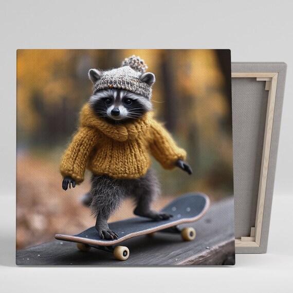Skateboarding Raccoon Poster Cute Raccoon In Sweater Knit Hat Fall Print