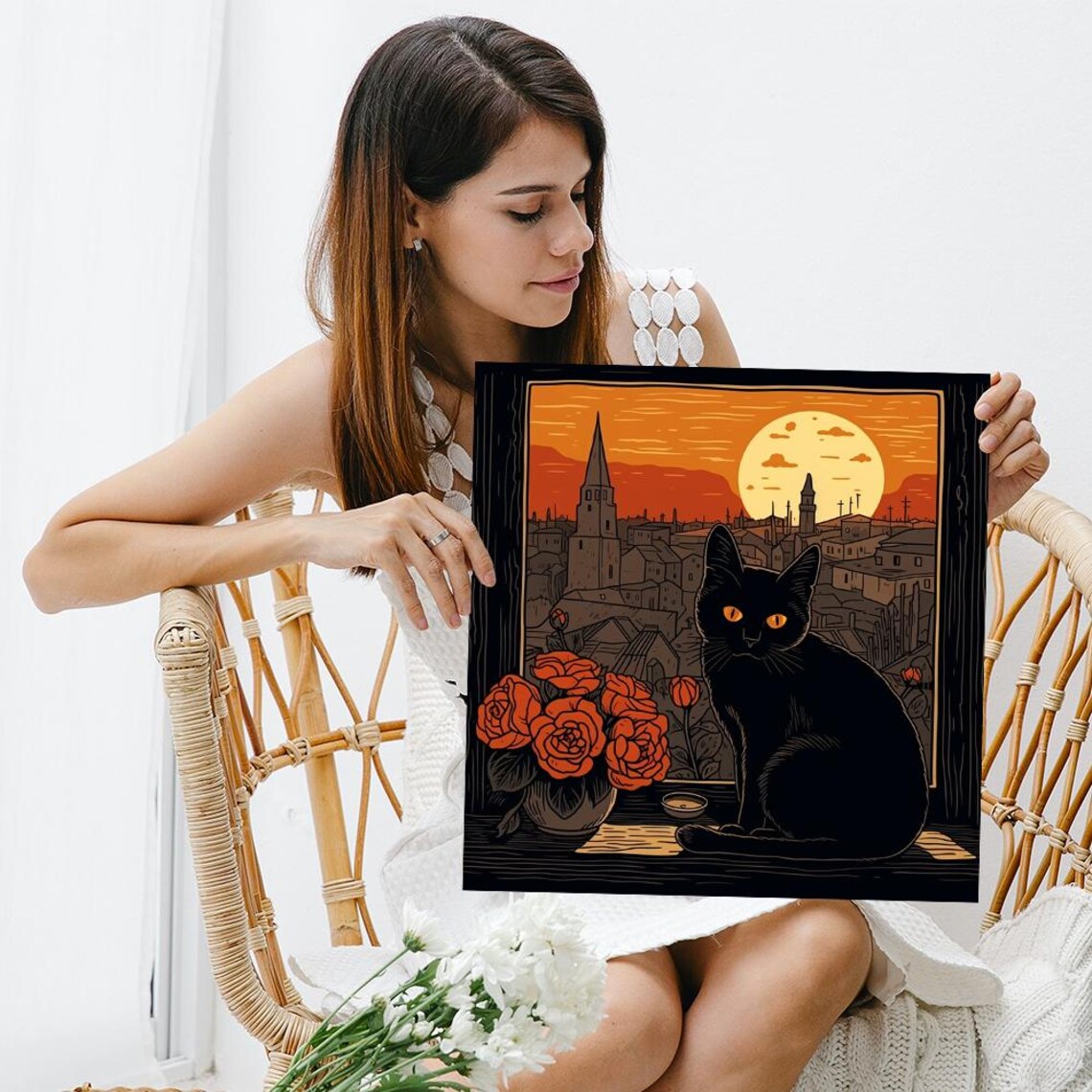 Midnight Cat Guardian Vintage Bohemian Art Print - Image 3