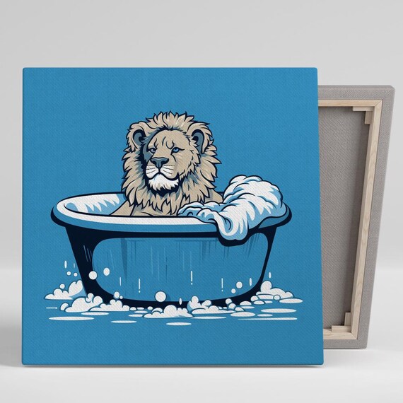 Lion Taking Bubble Bath In Blue Tub Funny Pop Art Bathroom Wall Poster