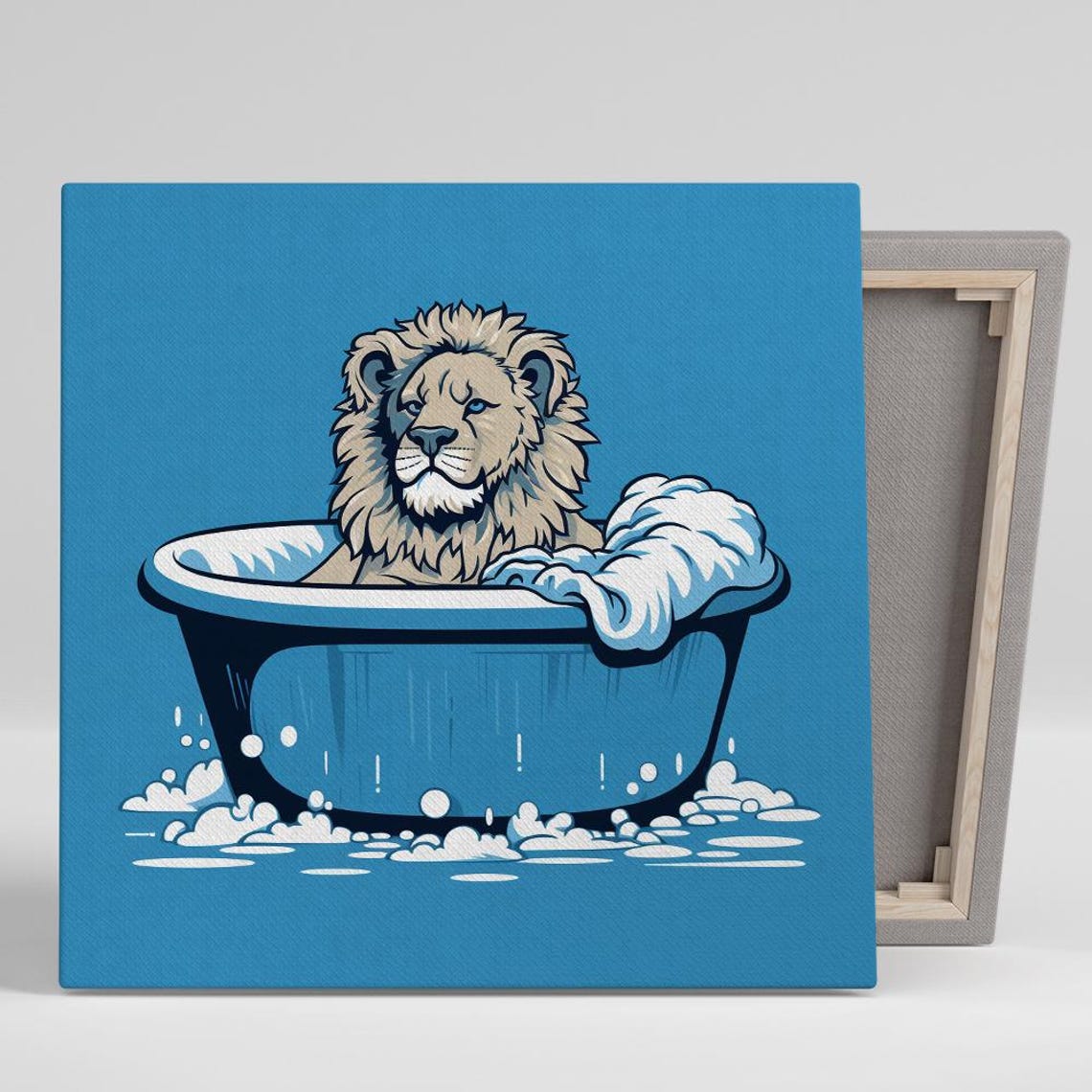 Lion Taking Bubble Bath In Blue Tub Funny Pop Art Bathroom Wall Poster