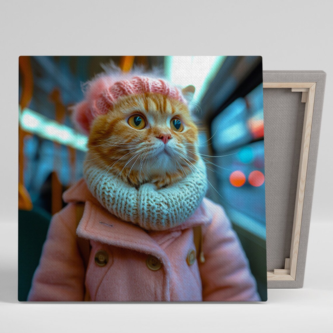 Winter Kitten Pink Coat Knit Hat City Night Cute Fashion Cat Wall Art