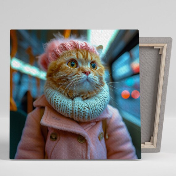Winter Kitten Pink Coat Knit Hat City Night Cute Fashion Cat Wall Art