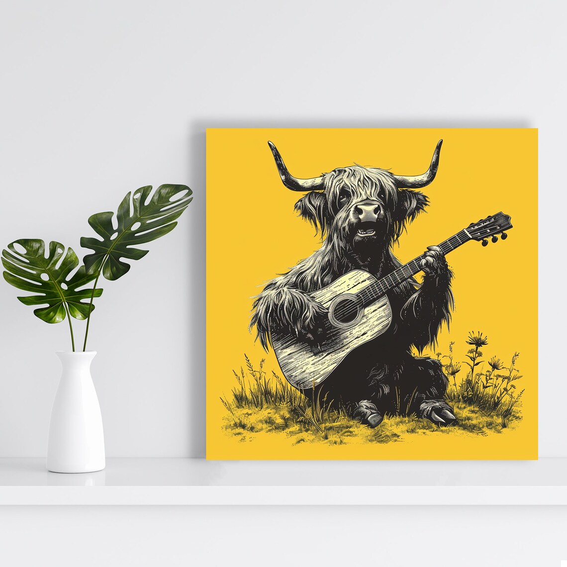 Highland Cow Playing Guitar Sketch Art Mustard Yellow Wall Poster - Image 2