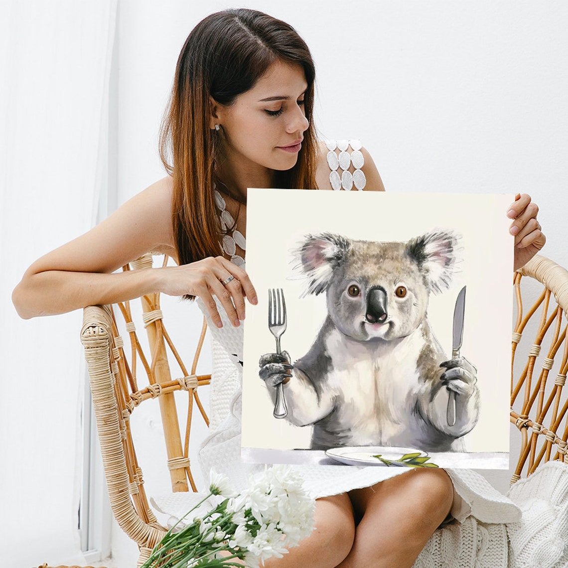Hungry Koala Holding Fork and Knife Funny Dinner Table Wall Poster - Image 3