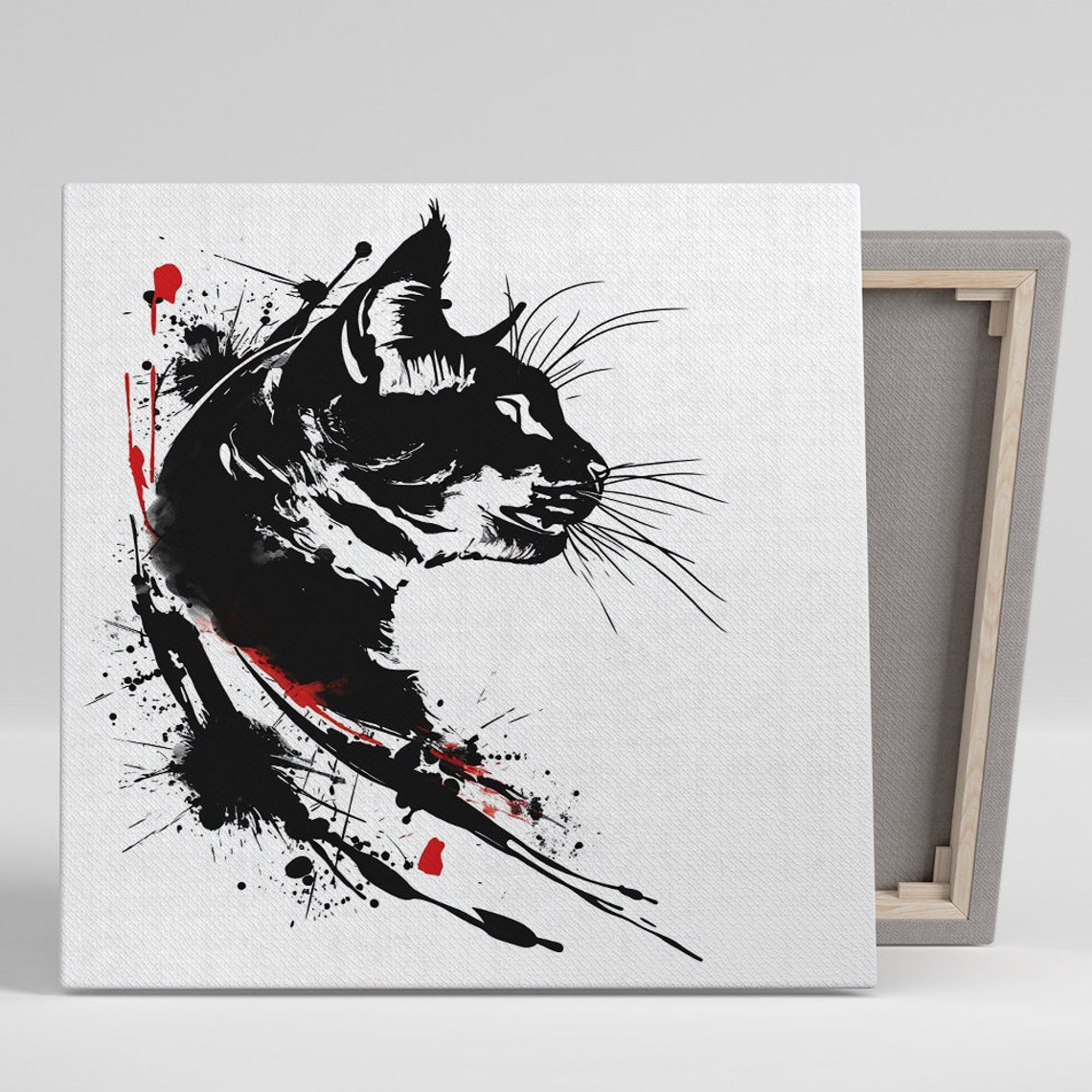 Black Ink Cat Profile Red Splatter Graffiti Urban Minimalist Wall Art