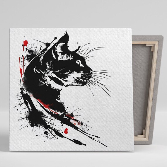Black Ink Cat Profile Red Splatter Graffiti Urban Minimalist Wall Art