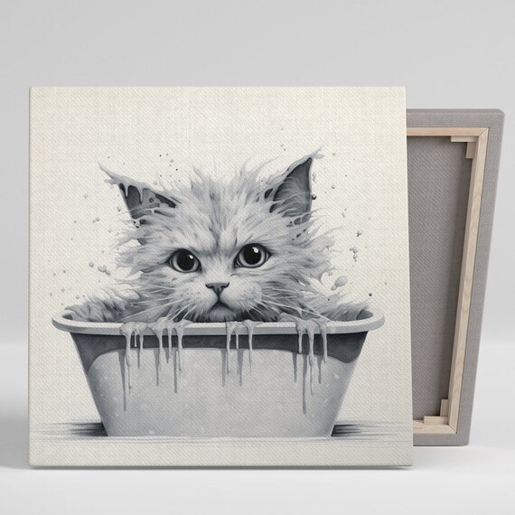 Fluffy Kitten Bath Time in Black and White Sketch Style Poster