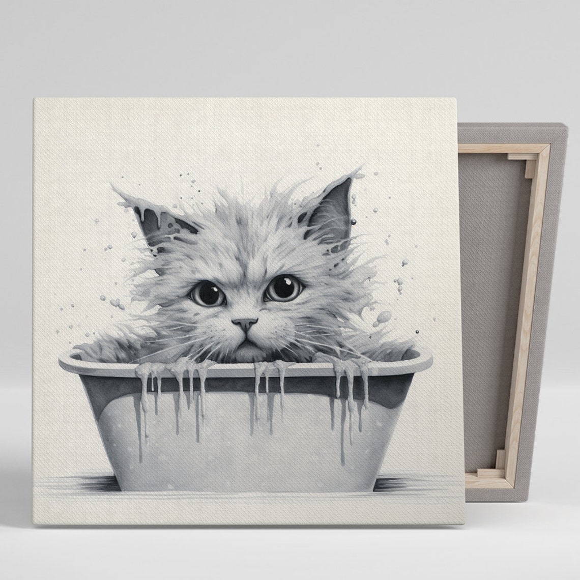 Fluffy Kitten Bath Time in Black and White Sketch Style Poster