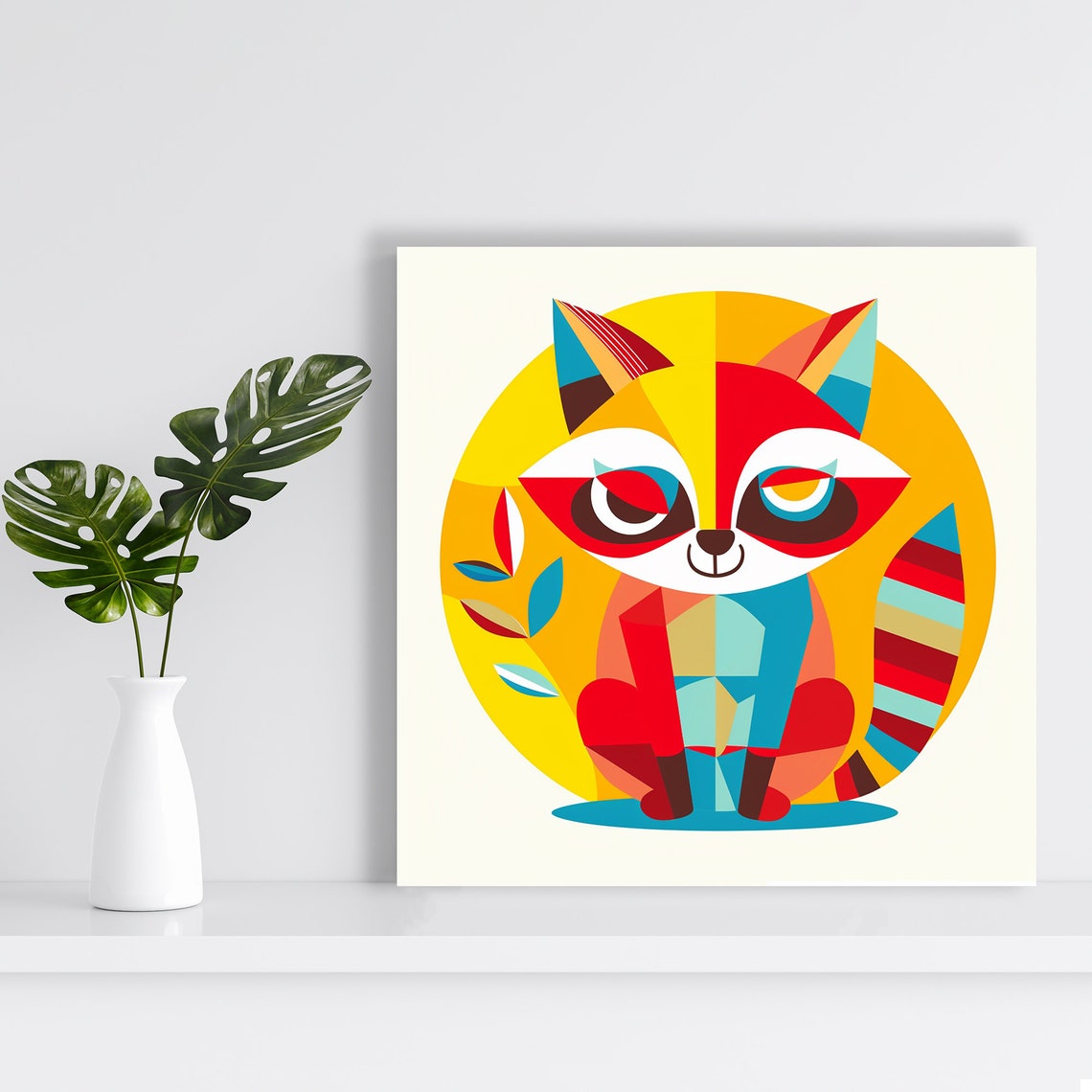 Geometric Raccoon Flat Design Red Yellow Cute Animal Wall Poster - Image 2