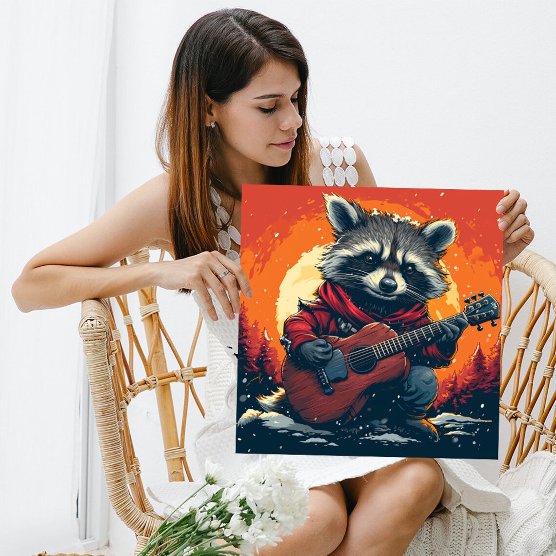 Rocking Raccoon Guitar Snowy Sunset Whimsical Music Room Decor Poster - Image 3