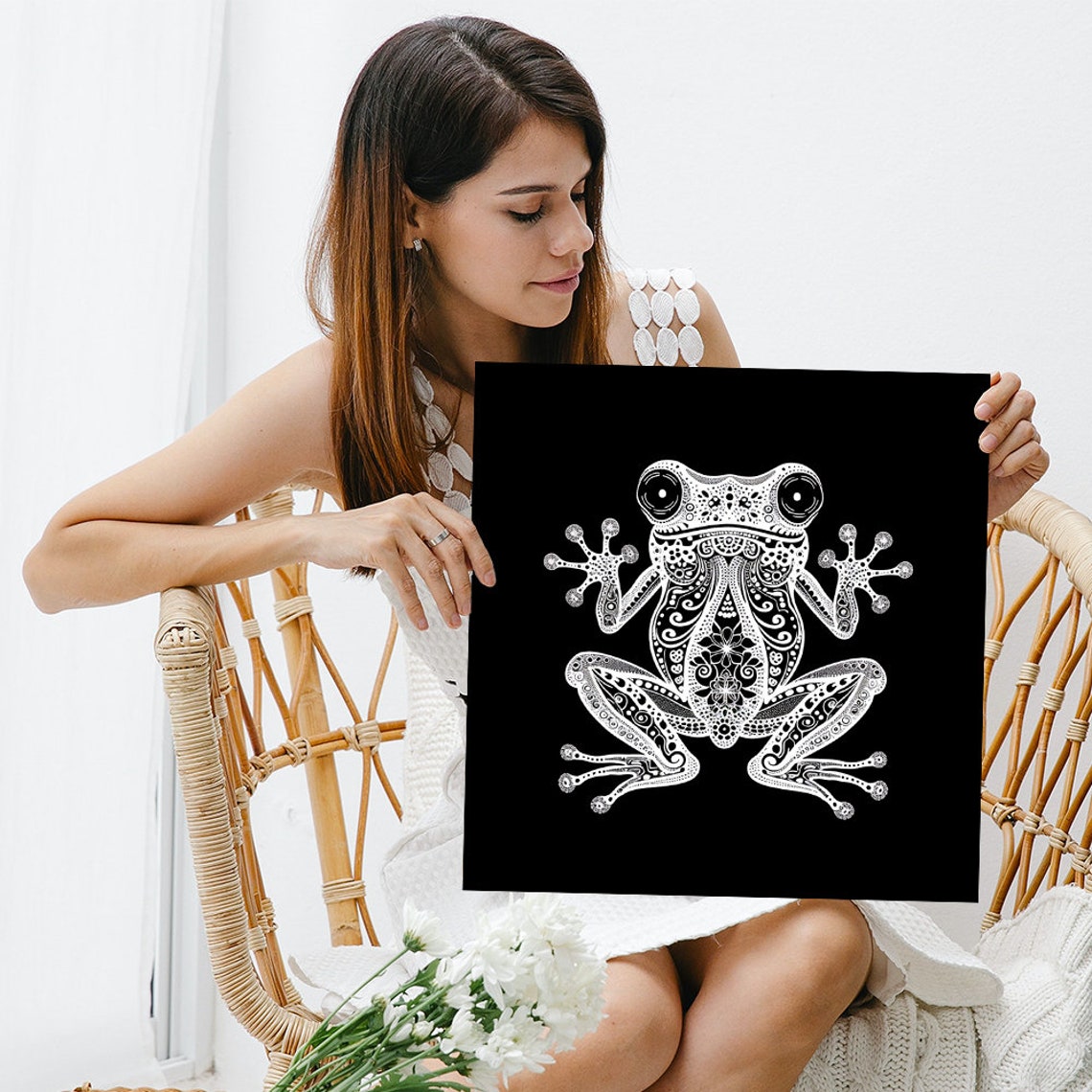 Frog Mandala White Ink Bohemian Zen Black Background Decor Poster - Image 3