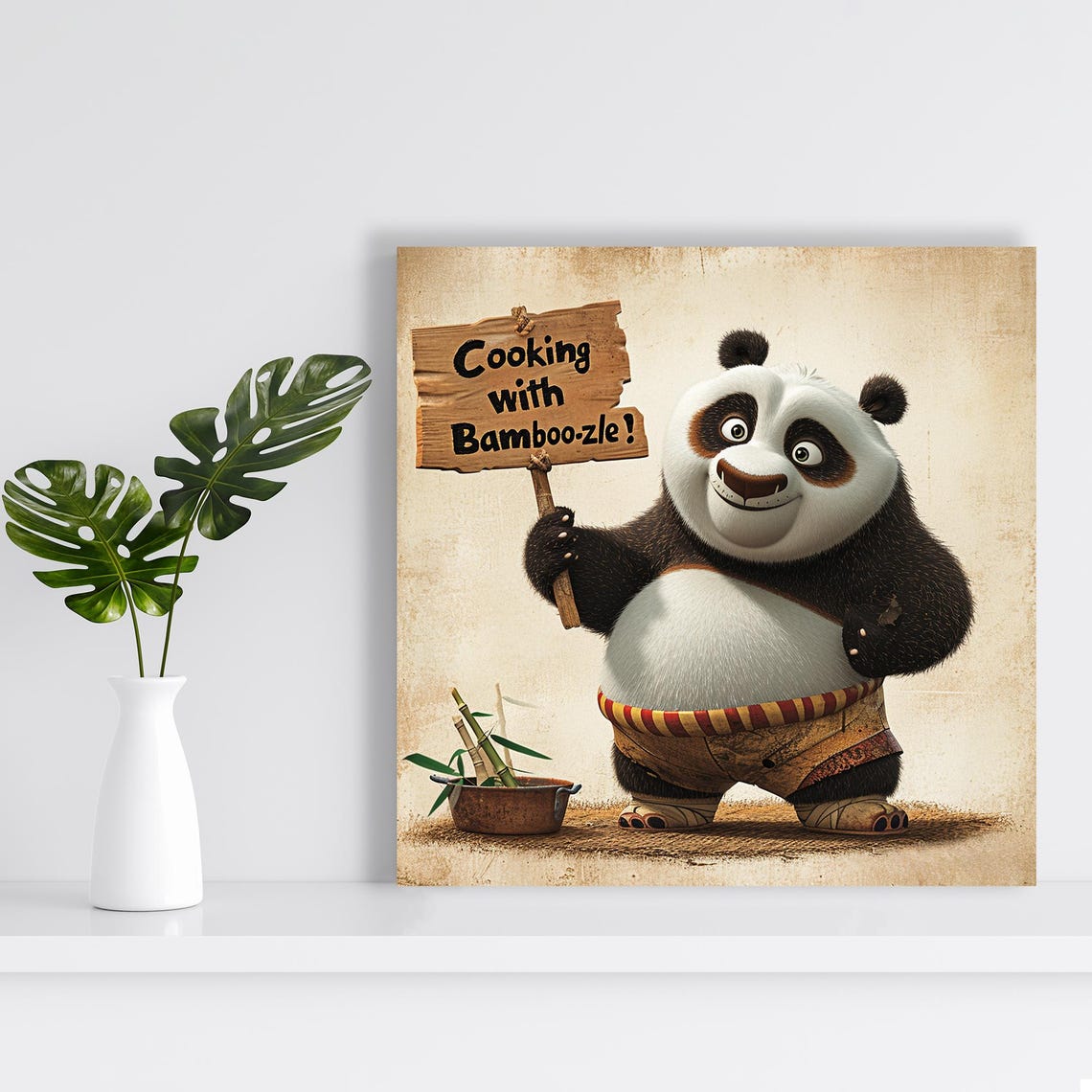 Panda Chef Cooking With Bamboo-zle Sign Rustic Kitchen Wall Art Print - Image 2