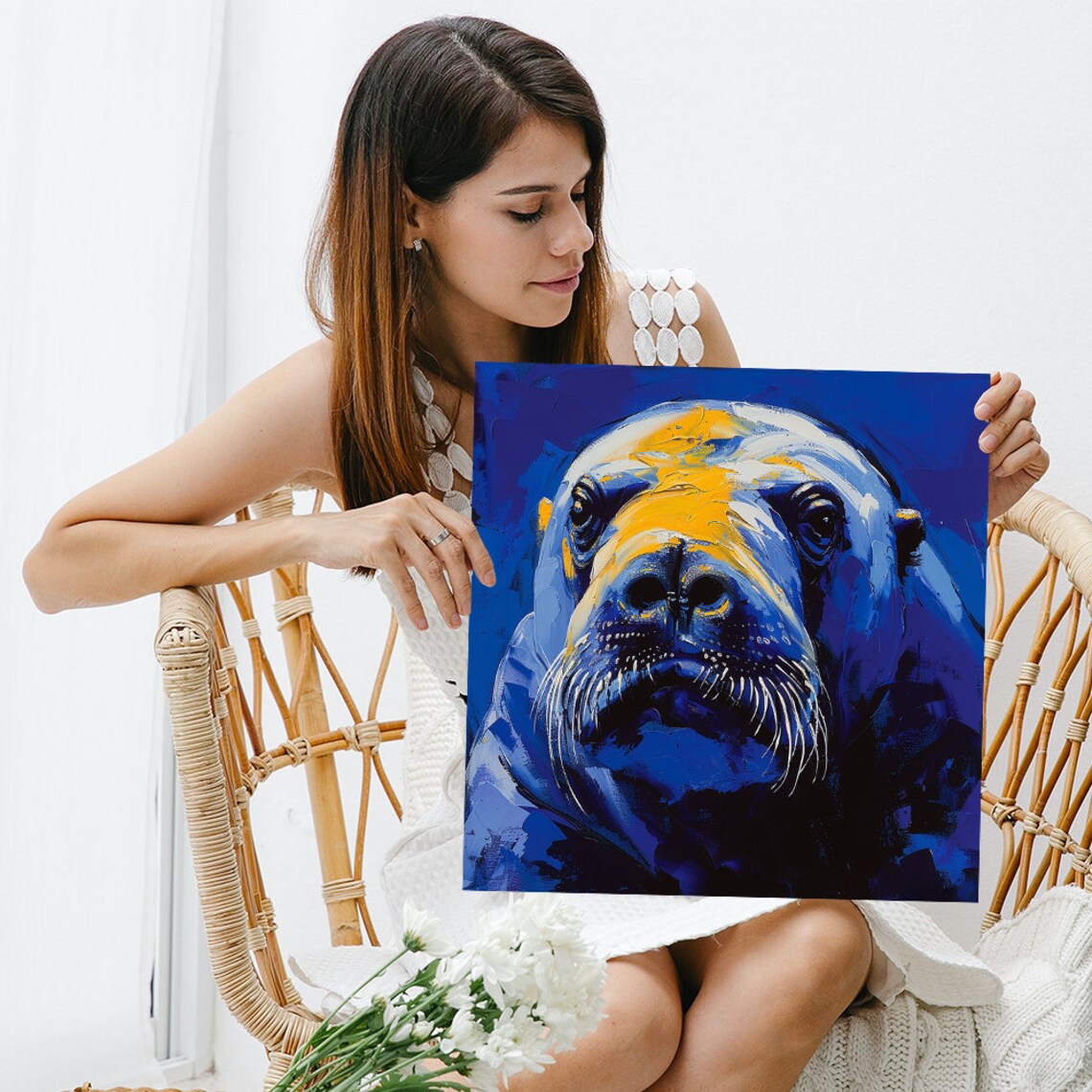 Walrus Face Portrait Bold Blue Yellow Impasto Paint Art Poster - Image 3