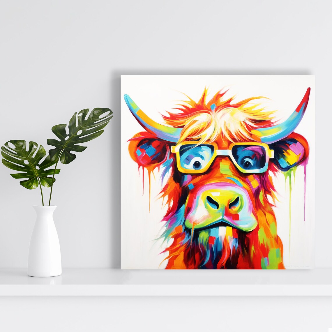 Highland Cow in Glasses Rainbow Drip Paint Whimsical Fun Animal Poster - Image 2