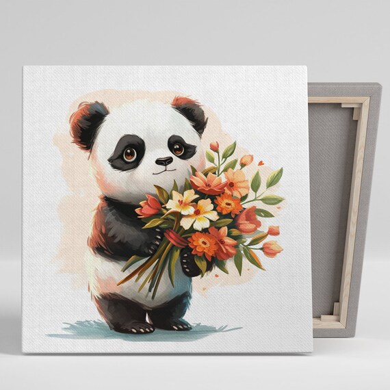 Panda Blooming Embrace, Whimsical Minimalist Art Print