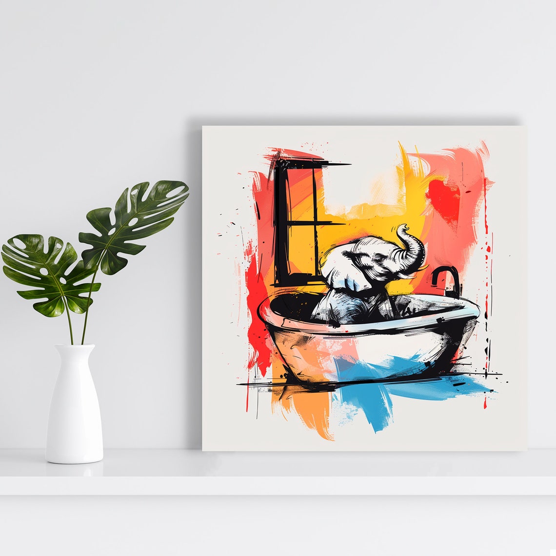 Baby Elephant In Bathtub Sunset Window Playful Bathroom Poster - Image 2