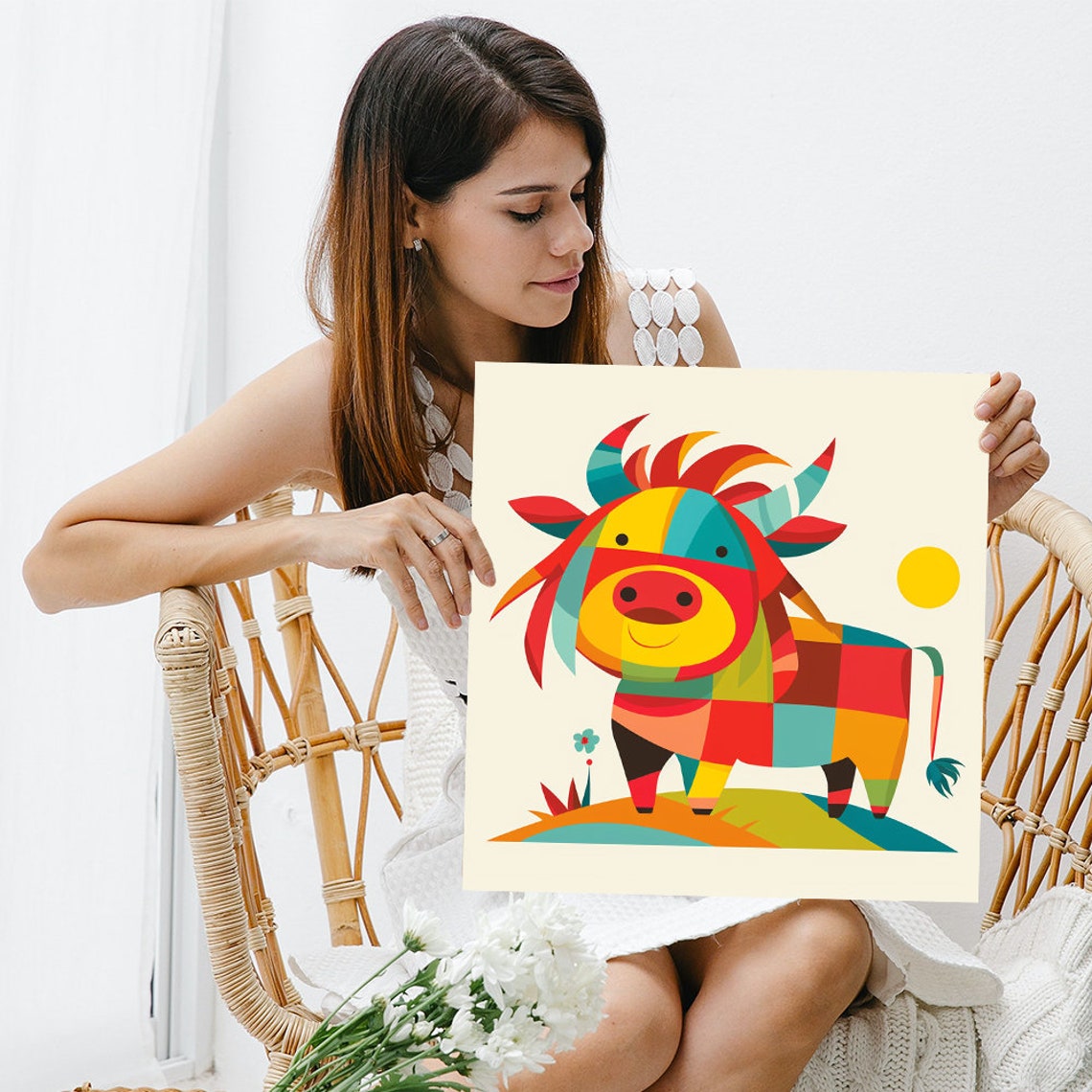 Colorful Patchwork Cow Geometric Whimsical Farm Animal Wall Poster - Image 3