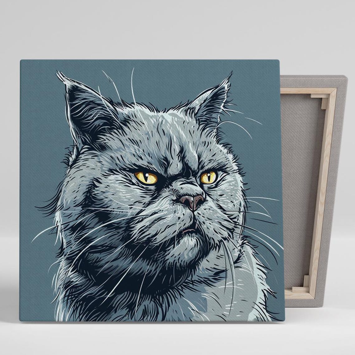 Grumpy Grey Cat Portrait Piercing Yellow Eyes Blue Grey Ink Art Poster