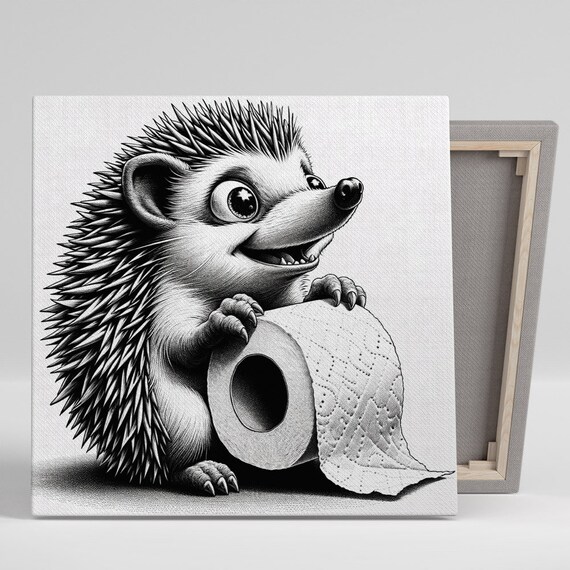 Adorable Hedgehog Holding A Toilet Paper Roll Black And White Cute Wall Poster