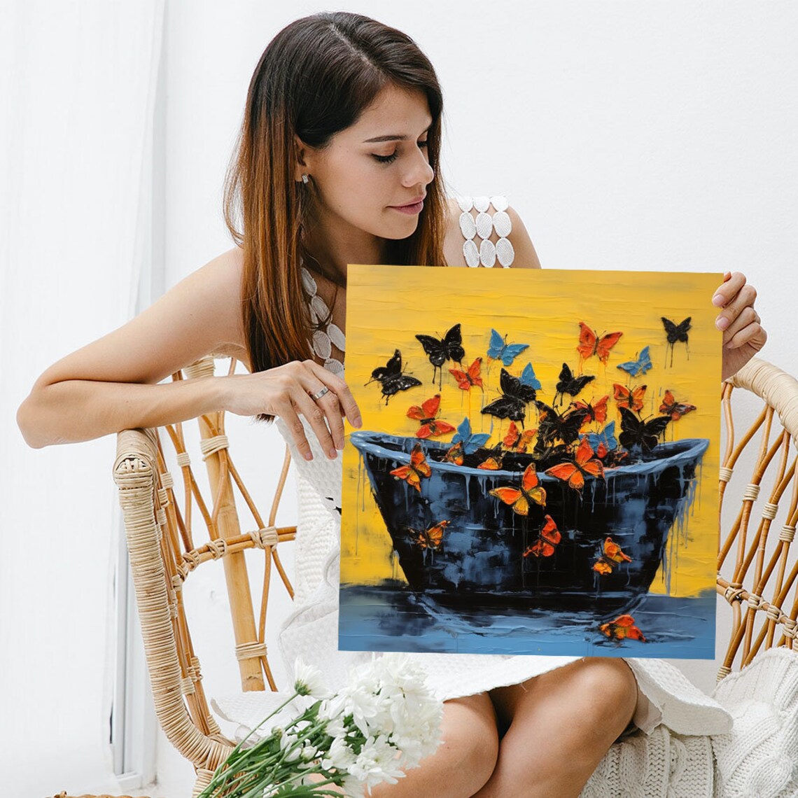 Colorful Butterflies Black Bathtub Mustard Yellow Bold Art Wall Poster - Image 3