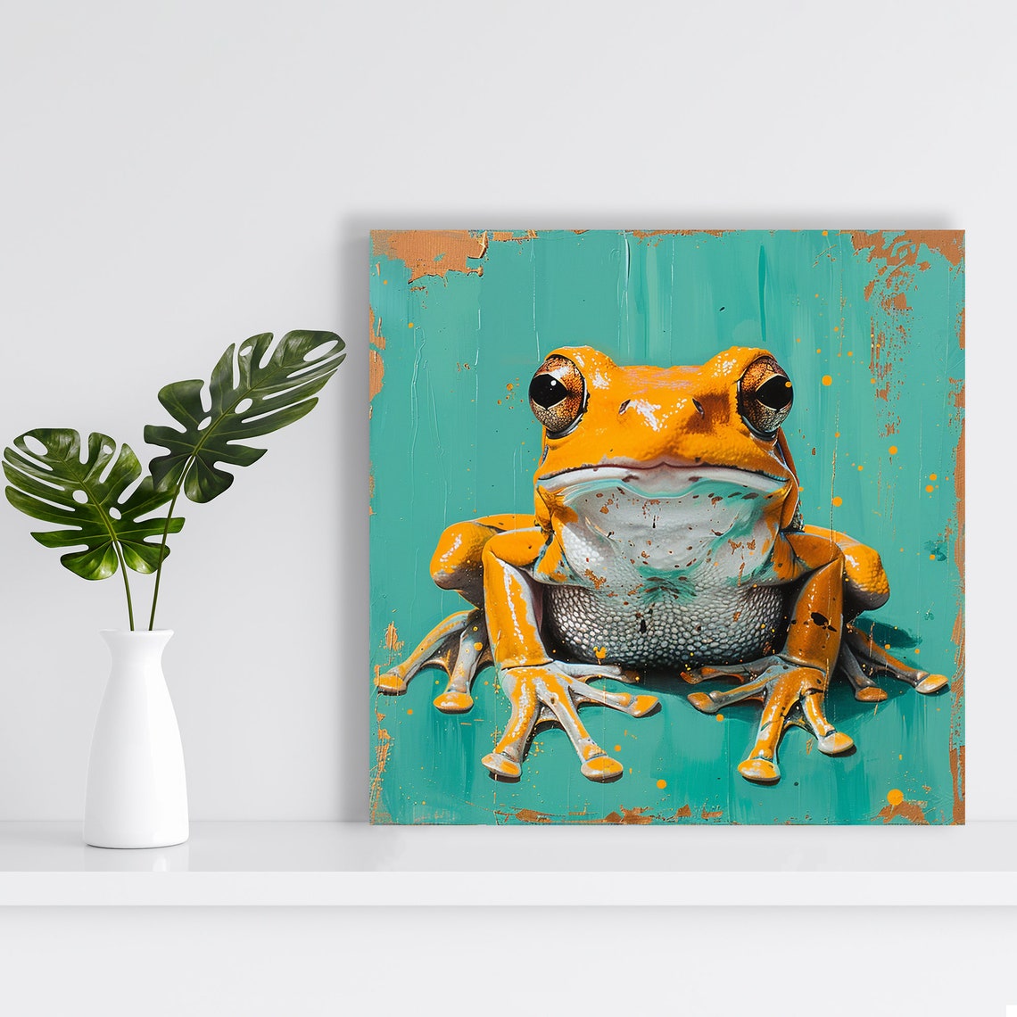 Golden Orange Frog On Teal Background Painterly Nature Wall Poster - Image 2