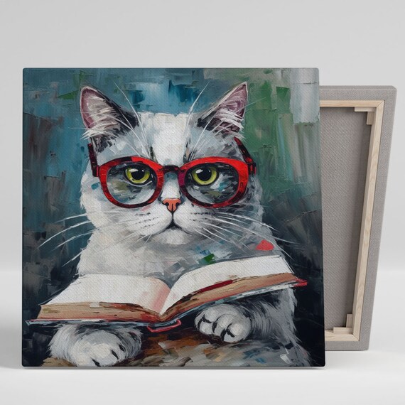 Cat With Red Glasses Reading Book Funny Scholar Cat Portrait Wall Poster