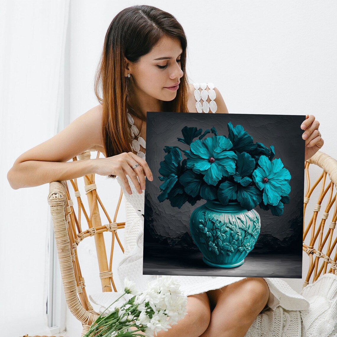 Cyan Flower Art Print, Nature-Inspired Home Decor - Image 5