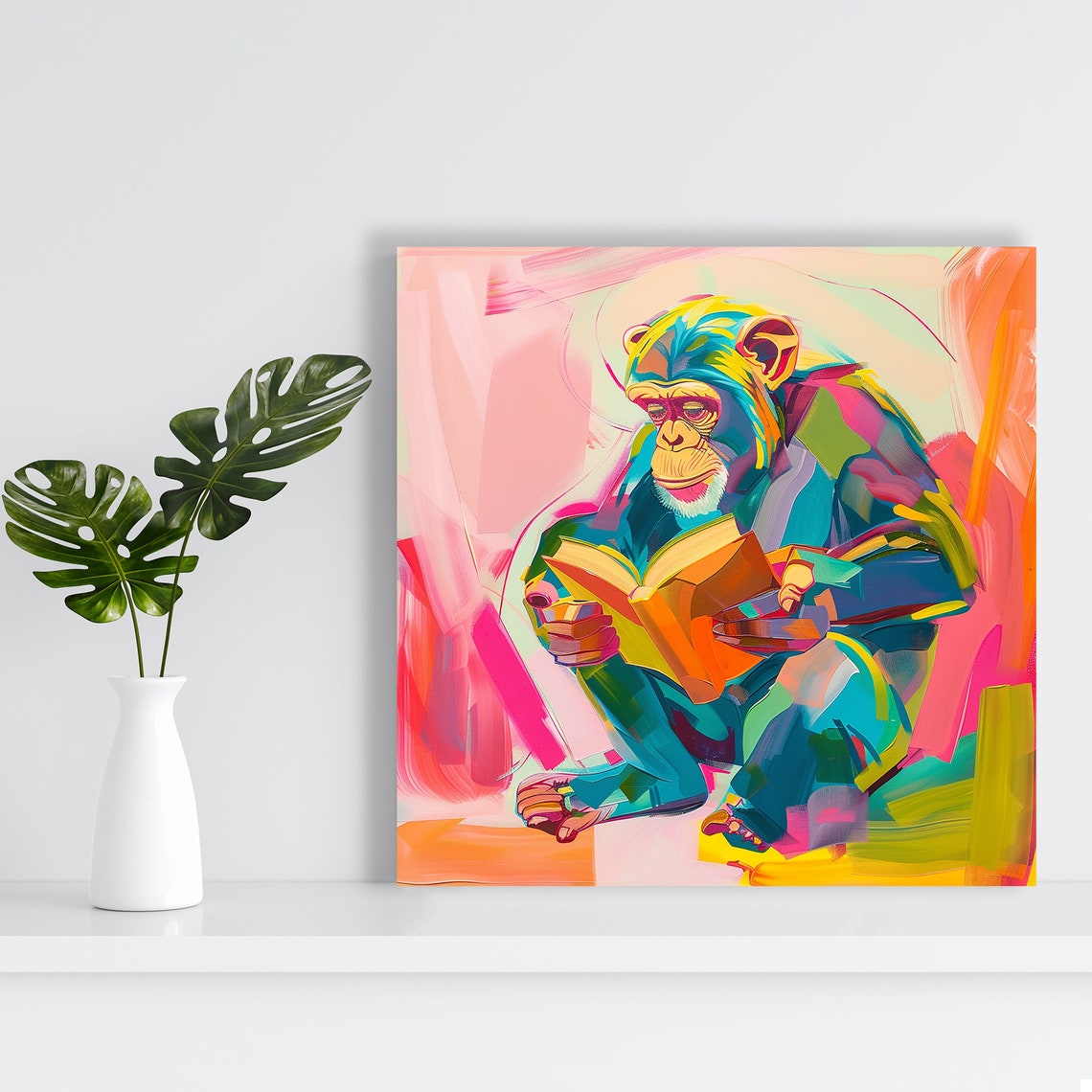 Reading Chimpanzee Bookworm Cheerful Pop Art Colorful Library Poster - Image 2