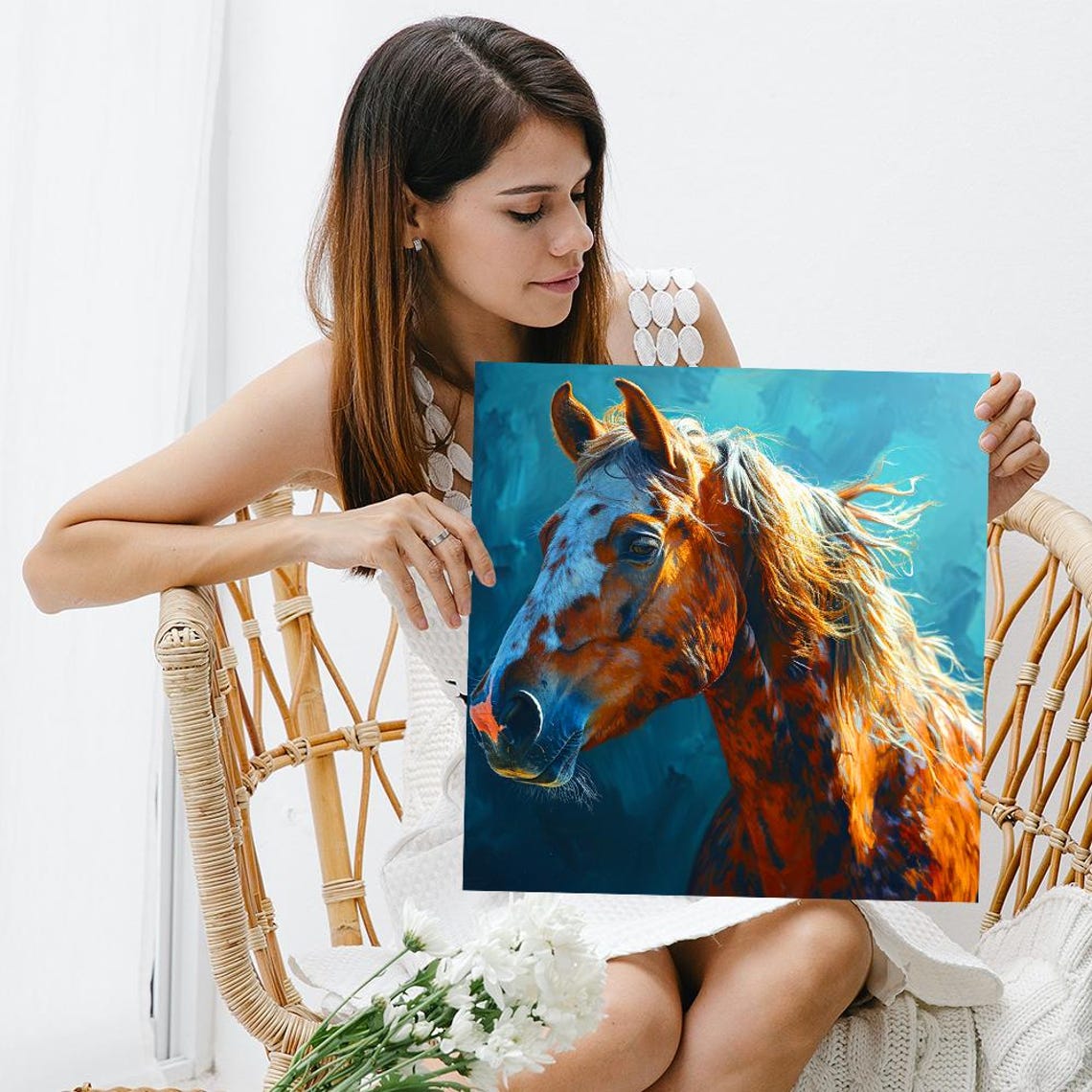 Chestnut Horse Profile Flowing Mane Teal Background Painterly Poster - Image 3