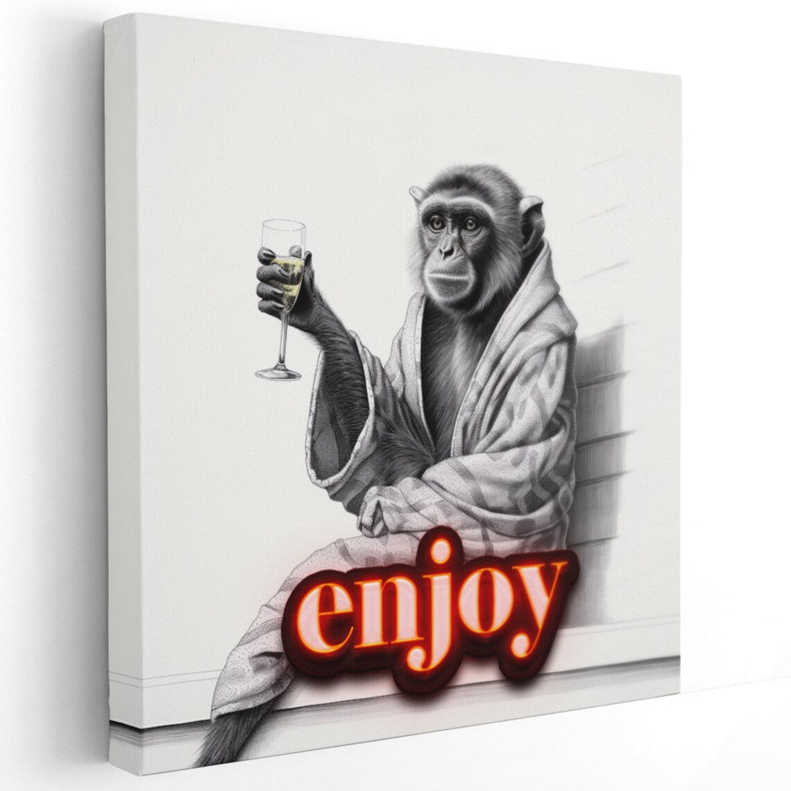 Monkey In Bathrobe Holding Wine Glass With Neon Enjoy Sign Funny Art Poster - Image 3